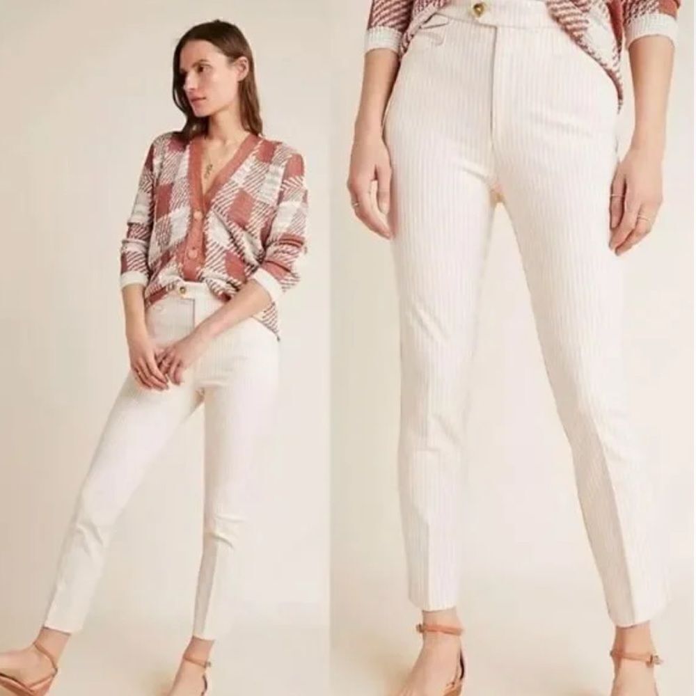 ANTHRO | Essential Slim Pinstripe Pants (White/Red Size 6)